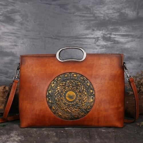 Women Handbag Retro Handmade Shoulder Bag Large Capacity Embossed Hand-painted Totem Messenger Bag The First Layer of Leather