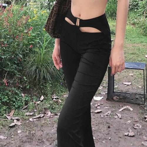 Womens Sexy Hollow Waist Long Micro Flare Pants 2021 Summer Streetwear Casual Long Strechable Slim Pannts