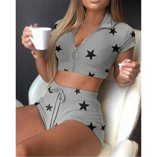 2020 Sexy 2 Pieces Set Homewear Women V-neck Short Sleeve Zipper Star Print Crop Tops High Waist Shorts Sports Outfit Tracksuit
