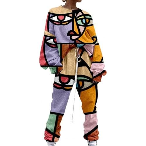 Women Fashion Casual Sweater Fabric Tracksuit Pullovers O Neck Abstract Print Drawstring Sweat Suit for Home Streetwear Daily