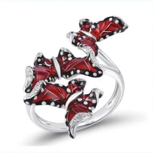 2021 Red Enamel Butterfly Ring For Women Inlaid Rhinestone Creative Engagement Wedding Jewelry Hand Accessorie