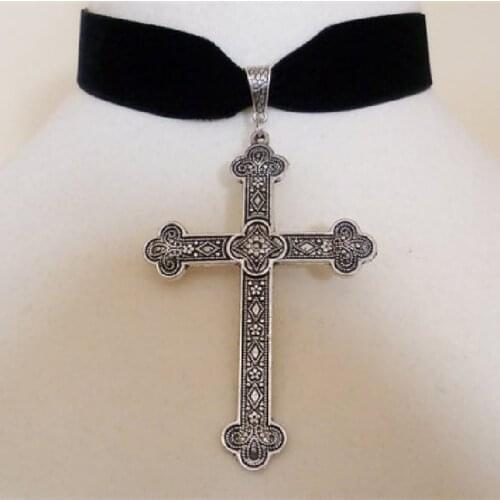 Goth Large Cross Choker Necklace Charm Fashion Steampunk Rock Alternative Jewelry Women Gift Pagan Wiccan Pendant Statement