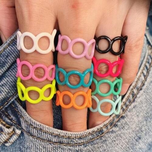 10Pcs Korea Fashion Colorful Enamel Geometric Chain Open Rings for Women Girls Candy Color Finger Ring Summer Jewelry Gift