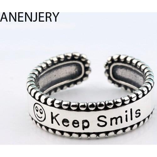 ANENJERY 925 Sterling Silver Smiling Face Letters Thai Silver Ring Adjustable Ring For Women Jewelry S-R508