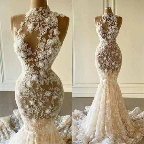 2021 Illusion Mermaid Wedding Dresses Sleeveless High Neck Lace Appliqued Bridal Gowns Plus Size Vestidos de novia