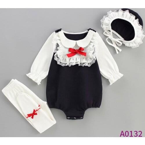 3PCS 0-24M Baby Spring Bodysuit Infant Girls Princess Sets Christening Baptism Party Wedding Jumpsuit Rompers With Hat L819
