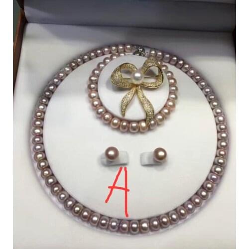 Free shipping luxury Noble jewelry A B C(CAN CHOOSE) 8-9mm Freshwater Pearl necklace& BRACELET earring brooch set 45CM