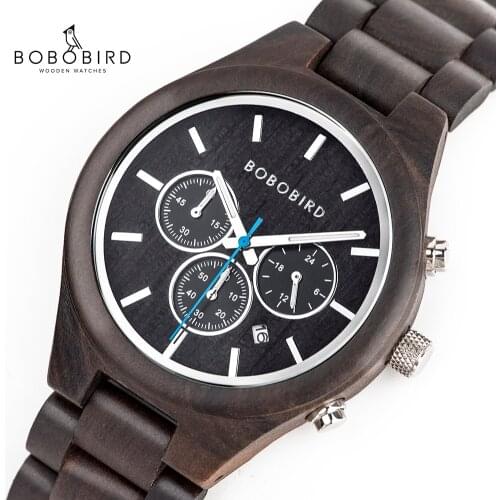 BOBO BIRD Wooden Watch Chronograph mans watches Luminous Hand Handmade Ebony Clock relogio masculino In Gift Box rucni satovi