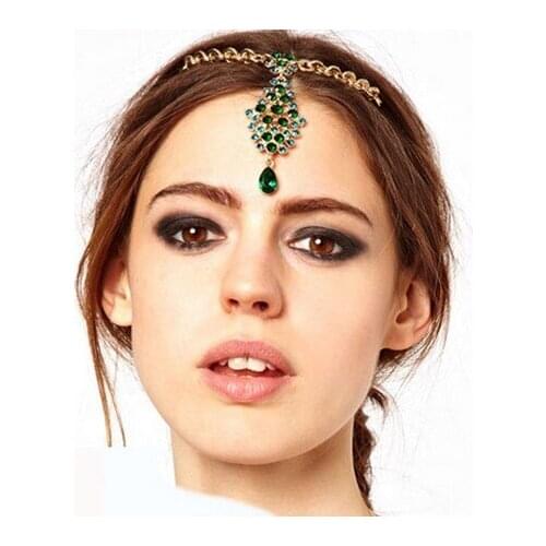 Gold Green Imitation Crystal Chain Hair Comb Cuff Pin Headband Hair Accessories Women Fashion Jewelry