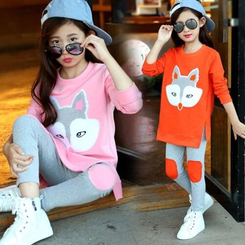 Childrens wear New autumn middle sized baby long-sleeved suit girls cartoon fox head two-piece leisure suit clothes set