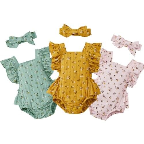 Ins Summer Newborn Baby Girl Clothing Set Floral Print Ruffel Sleeve Rompers+ Bow-Tie Headband Baby Clothing Outfit 0-12M