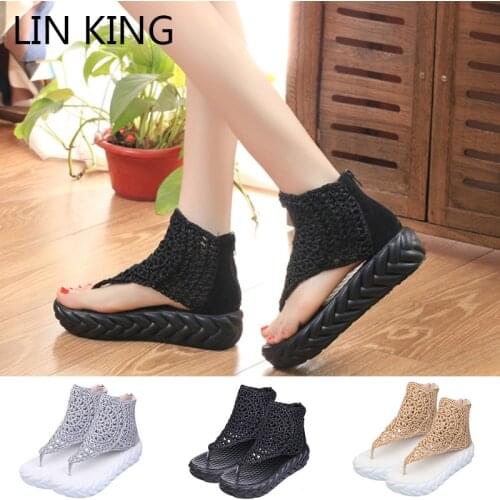 LIN KING Retro Women Gladiator Sandals Fashion Knit Zipper High Top Platform Shoes Anti Slip Summer Ladies Office Work Sandalias