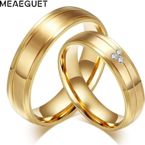 Meaeguet Fashion CZ Stone Wedding Rings For Lover Stainless Steel Couple Rings Gold-Color Anel Jewelry