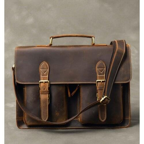 Mens Briefcase Handbag Shoulder Messenger Bag Crazy Horse Leather Genuine Leather Vintage For Male Men 1061
