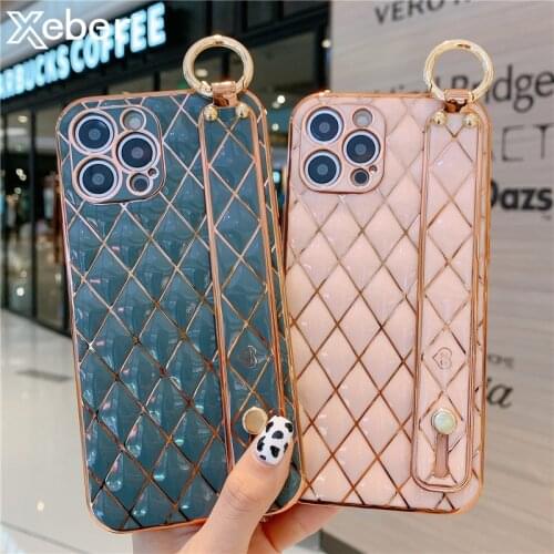 Electroplate Glitter Wrist Band Stand Phone Case For iPhone 11 12 Pro Max XR XS X Mini SE 2020 8 7 Plus Soft Silicone Full Cover