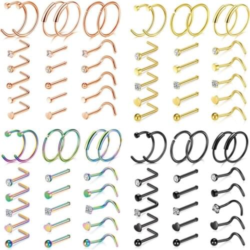 Stainless Steel Heart L Shape Nose Rings And Studs Set Indian Nose Piercing Stud Set Nostril Pin Crystal Cute Nose Studs Jewelry