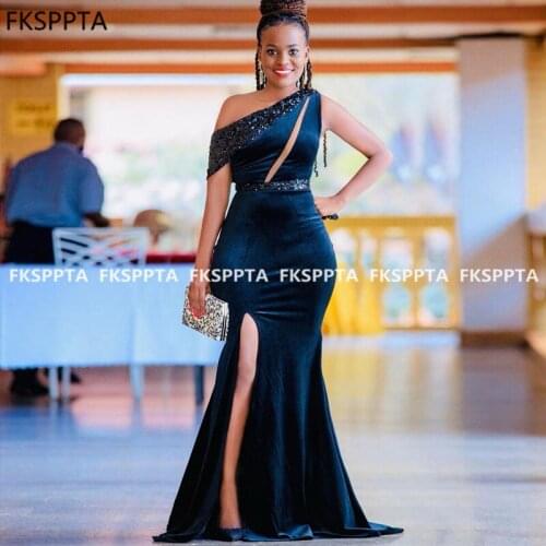 One Shoulder Black Mermaid African Prom Dresses Bling Sequin Velvet Elegant Long Formal Dress Plus Size Women Party Gowns