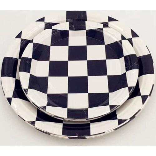Black And White Lattice Grid Plaid Theme Disposable 7/9inch Plates For Birthday Event Holiday Wedding Party Decoration Supplies
