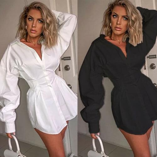 2021 Autumn Fashion Women Ladies Long Sleeve Deep V-neck OL Shirt Dress Sexy Mini Beach Dress Elegant Sexy Party Dress New