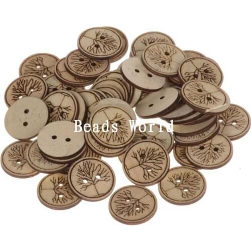 Top Quality 50 Pcs Buttons Sewing Wood Scrapbooking 2 Holes Decorative Round Tree Pattern Card making DIY Home Decor Tools 25mm