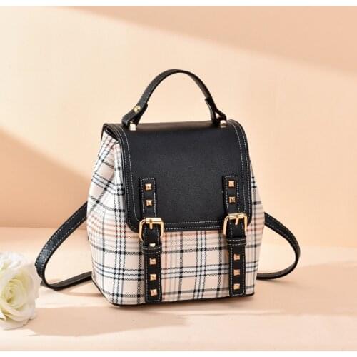 Girls Plaid Fashion Backpacks Pu Leather 2021 Soft Handle Casual Lady Student Black Classic Backpacks Woman