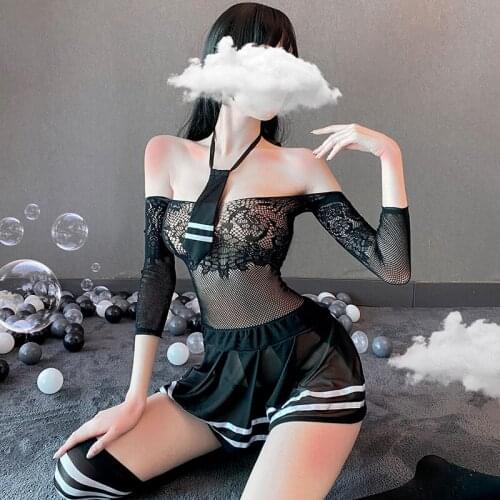 Sexy See Through Cosplay Student Uniform Lingerie Lady Erotic Temptation Costumes Babydoll Black Mesh Miniskirt Outfit For Women