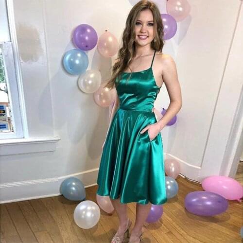 Sexy Short Cocktail Dresses With Pockets Bridal Banquet Dark Green Satin Knee Length Party Formal Dress Homecoming Dresses New