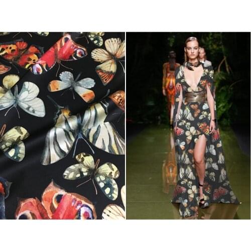 Butterfly Printed Silk Dress Fabric of European and American Major Brands 19 M Elastic Silk Satin Fabric