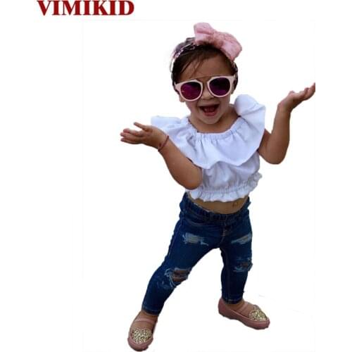 VIMIKID new summer girls clothing sets Toddler Baby Kids Girl Off Shoulder T-Shirt Top + Ripped Jeans Pants Outfits Set k1