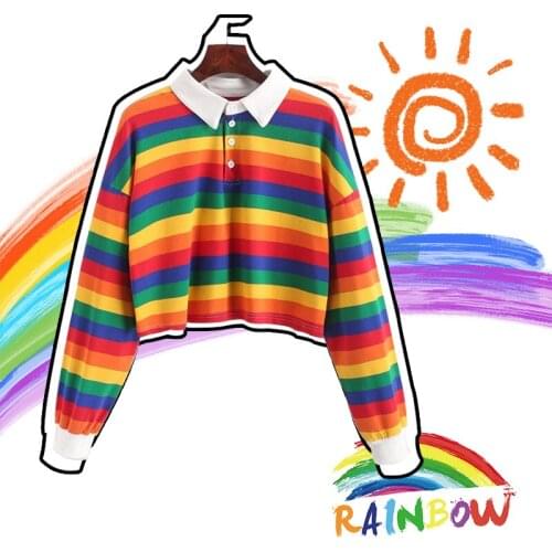 Women Polo Shirt Women Sweatshirt Long Sleeve Rainbow Color Ladies Hoodies With Button Striped Korean Style Sweatshirt