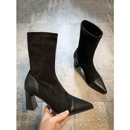Womens shoes stretch boots ankle boots 2020 new fashion casual pointed toe stitching suede thick heel high heels