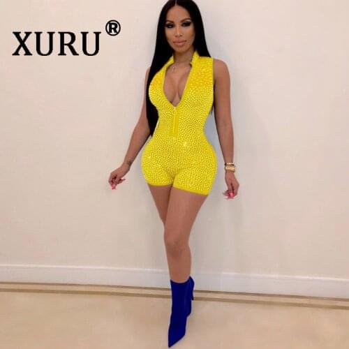 XURU Womens Hot Drilling Tights Yellow Red Blue Wine Red Dark Green Sleeveless Sexy Nightclub Jumpsuit Club Party Jumpsui