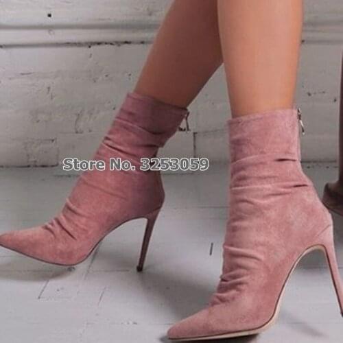 ALMUDENA Women Pink Burgundy Suede Pointed Toe Boots Back Zipper Folded Ankle Booties Stiletto Heels Dress Shoes Pumps Dropship
