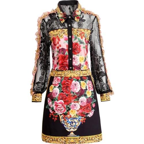 Runway Sicilian Roses Autumn Suit Womens Two Piece Suits See Through Lace Ruffles Sleeve Shirts + Floral Short Skirt 2pcs Sets