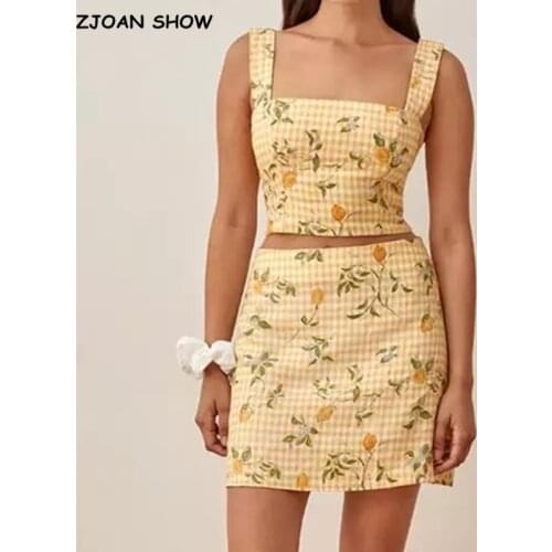2021 Chic Crop Top Floral Print Bra Tank Top Sexy Women High Waist Mini Short Skirt Ruched Back Camis 2 Pieces Set Yellow