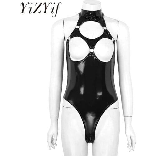 Women Bodysuit Sexy Lingerie Wet Look Patent Leather Halter Neck Sleeveless Hollow Out Nipple Open Back Crotchless Thong Leotard