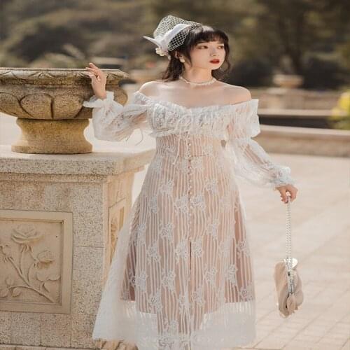 Party French Style 2021 Autumn Elegant Lace Square Collar Long Sleeve High Waist Long Dress High Quality