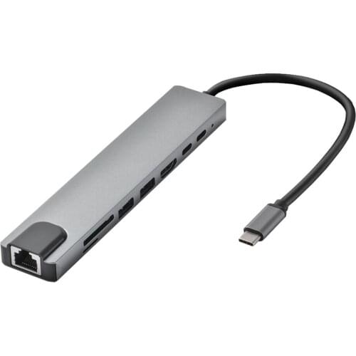 1 Pcs 8In1 Usb-C 3.1 To Type-C Usb 3.0 Hub HDMI-compatible Rj45 Ethernet Micro Security Digital Card Tf Otg Adapter