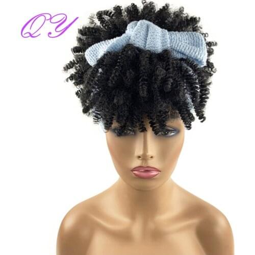 11inch Womens Headband Synthetic Wig Natural Black Short Afro Kinky Curly Wig Blue Scarf Hair Tie 2021 High Temperature Wigs