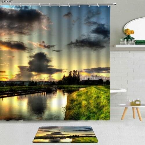 2Pcs Natural Scenery Lake Shower Curtain Forest Tree Mountains Sunset Landscape Bathroom Curtains Fabric Non-Slip Bath Mat Set