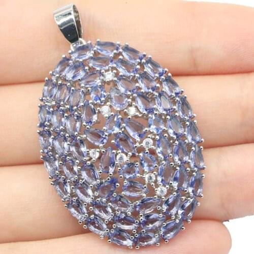 50x31mm New Statement Jewelry Long Big Paris Blue Topaz Iolite Gift Ladies 925 Sterling Silver Pendant