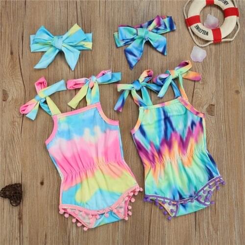 Fashion Baby Girls Camisole Bodysuit + Bow Headband Tie-dye Print Bright Colors Fur Ball Tassel Decoration Summer Clothing