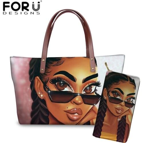 FORUDESIGNS Black Women Art African Girl Printing Shoulder Bags Ladies 2pcs/set Handbags&Purse for Females Travel Beach Bags