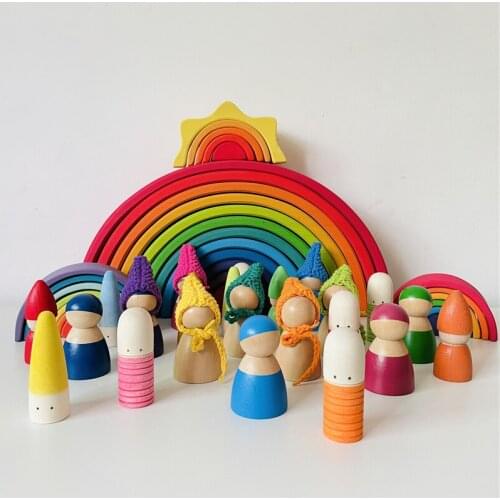 Kids Rainbow Peg Dolls People Figure with Knit Hat Baby Pretend Play Color Sorting Stacker Montessori Wooden Educational Toys