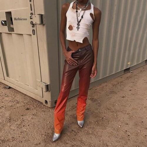 Pu Leather Gothic Joggers Women Brown Gradient Punk Streetwear Pants Low Waist E Girl Aesthetic Straight Trousers