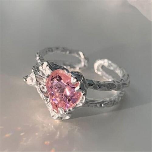 Simple Retro Pink Heart-Shaped Crystal Open Ring Metal Silver Color Womens Ring Accessories Ladies Jewelry Gifts