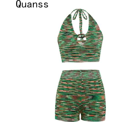 Quanss Summer Rainbow Knitted Shorts Sets Women 2021 Fashion Halter Crop Top And Shorts Two Piece Suit Streetwear Sexy Tracksuit