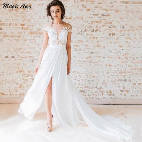 Magic Awn 2021 Lace Chiffon Wedding Dresses Boho Appliques SIde Split Illusion Beach Bride Dress A-Line Simple Vestido De Fiesta