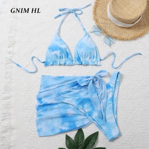 GNIM Three Pieces Swimwear Women Sexy Triangle Bikini Set 2020 Summer Ruffle Swimsuit Beach Wear Print Swimming Suit For Women