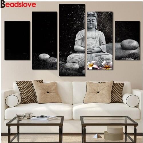 Buddha Meditation Rain Pebble 5 Piece handcraft diy diamond painting pattern mosaic embroidery rhinestone wall art multi panel